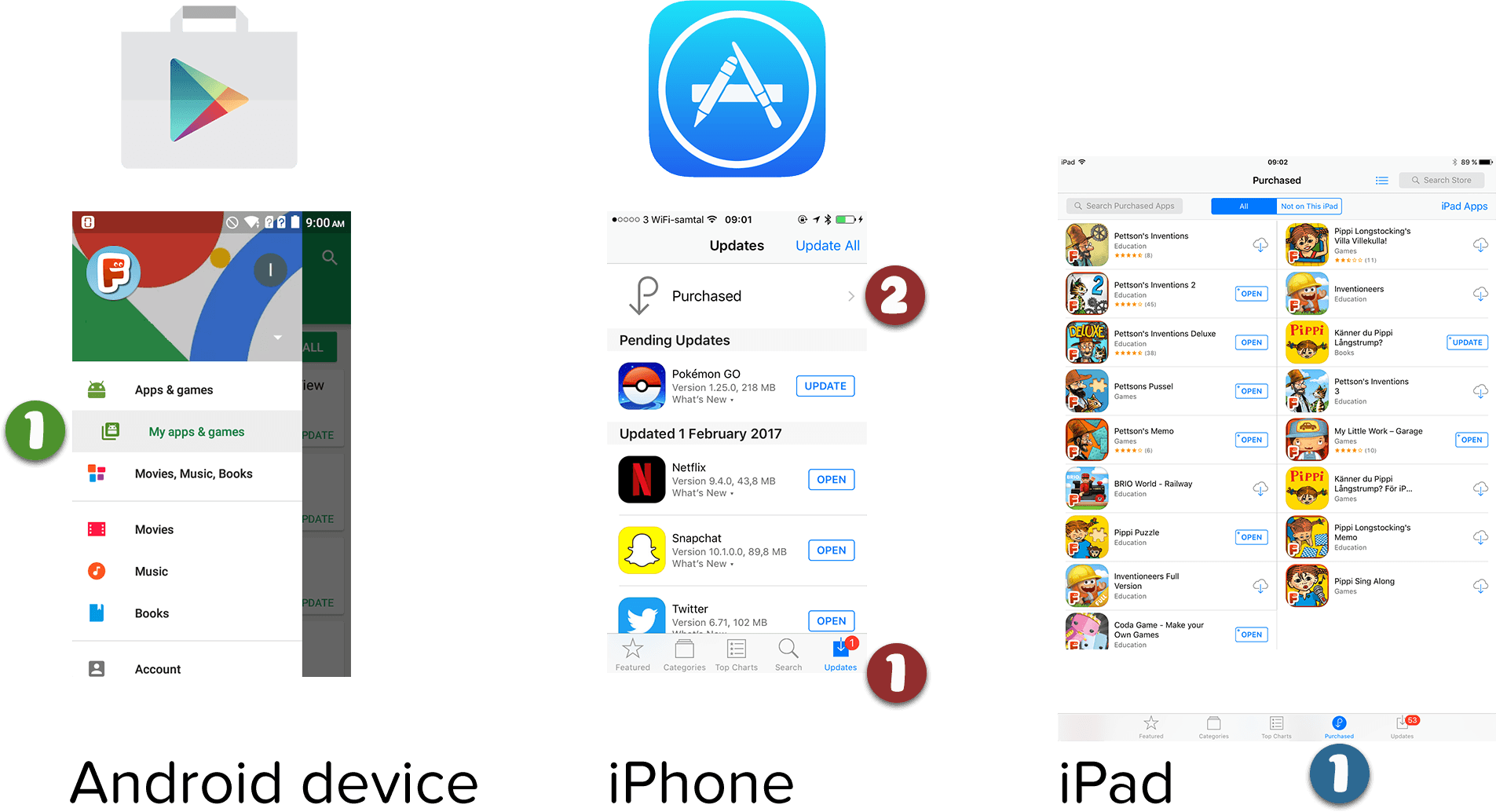 Screenshot of Google Play and App Store showing where to find the purchase history.